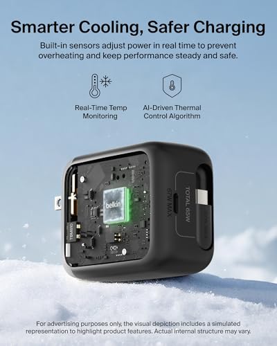 Belkin 67W GaN USB C Retractable Charger Block Fast Charging for Travel - color: Black, style: 67W