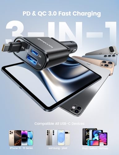 Lamicall Retractable Car Charger USB C 57W Charging for iPhone 17 16 15 - color: Upgrade-Black