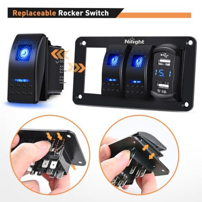 Nilight 3 Gang Rocker Switch Panel with 4.8 Amp Dual USB Charger Voltmeter Night Glow Stickers Waterproof 12V 24V DC Switches for Cars Trucks Boats RVs, 2 Years Warranty,Blue - color: Blue, size: 4 Gang Dual USB