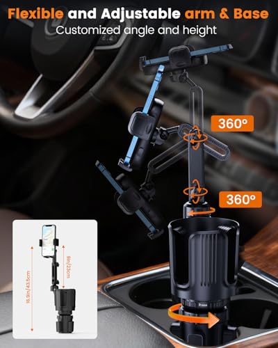 Cup Phone Holder for Car with Expandable Base, Upgraded 2 in 1 Hands Free Cellphone Holder Cupholder Car Mount, Stable Retractable Long Arm Universal Fit iphone and Large Bottle, for Truck SUV - color: Gray