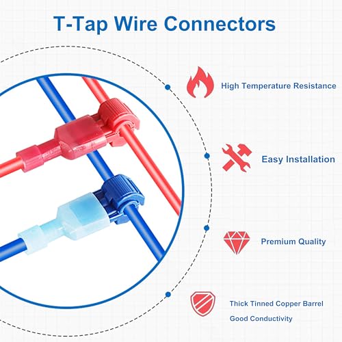 Lenporl 120 Pcs/60 Pairs T-Tap Wire Connectors, Insulated Male Wire Tap Connectors, Self-Stripping Quick Splice Electrical Terminals for 22-10 AWG Gauge Wiring，Automotive Wiring