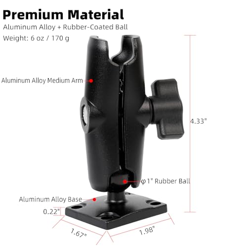 Medium Double Socket Arm with 1" Ball AMPS 4-Hole Square Plate Base, Aluminum Alloy Arm&Drill Base, Compatible with RAM Mounts 1" Ball Components, for Car Truck Boat - style: Square Base w 3.54" Arm