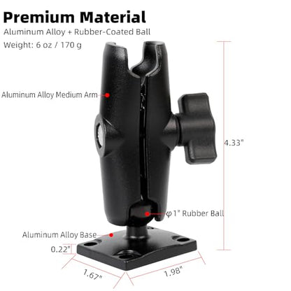 Medium Double Socket Arm with 1" Ball AMPS 4-Hole Square Plate Base, Aluminum Alloy Arm&Drill Base, Compatible with RAM Mounts 1" Ball Components, for Car Truck Boat - style: Square Base w 3.54" Arm