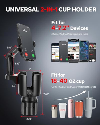 Benlari Upgraded Car Phone Holder - 2 in 1 Adjustable Cup Holder Expander Support 360° Degree Rotation - Car Cup Holder Phone Mount Compatible with All Smartphones
