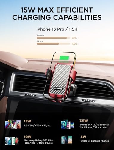 JOYMASS Wireless Car Charger, Phone Holders for Your Car, 15W Auto Clamping Phone Mount Car Accessories for iPhone 16 15 14 13 12 Mini Pro Max 11, Samsung Galaxy S24 Ultra S23 S22+ Note 20, etc - Red - color: RED
