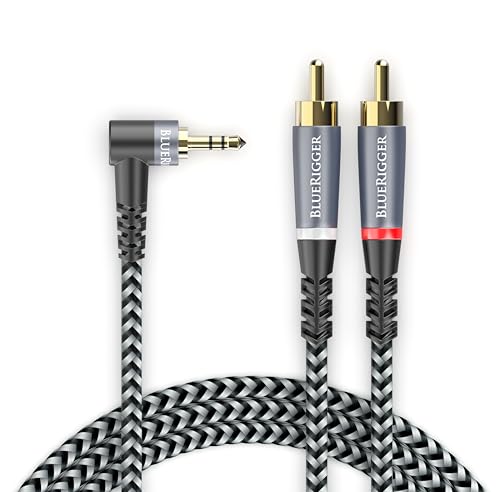 BlueRigger 3.5mm Aux to 2RCA Audio Cable (6FT, 90D Stereo Splitter Y 2RCA Male, Braided, 1/8" RightAngled TRS to RCA, Hi-Fi Sound, Metal Shell) - for Phones, Amplifiers, Tablets, Home Theater, HDTV - size: 6FT, style: 3.5mm Angled