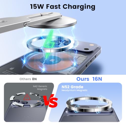 Magnetic Laptop Phone Mount with 15W Fast Wireless Charger, Compatible for iPhone 12-17 Series & All Phones, Adjustable Laptop Phone Holder for Tesla Model 3/Y/S/X Desktop Screen Stand - color: Sliver