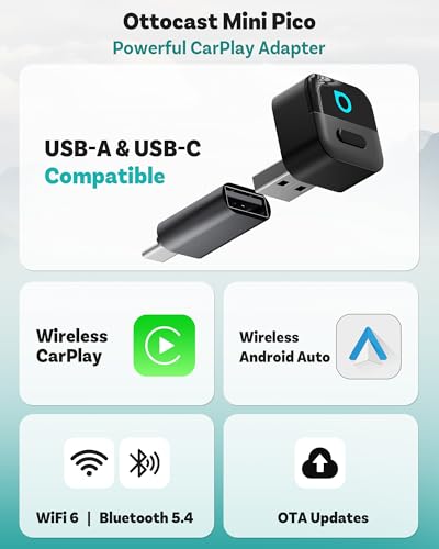 OTTOCAST Mini Pico Wireless CarPlay & Android Auto Adapter – WiFi 6 + Bluetooth 5.4, Plug & Play, Fast Auto-Reconnect, Ultra-Compact Design, Works with Factory Wired CarPlay Cars