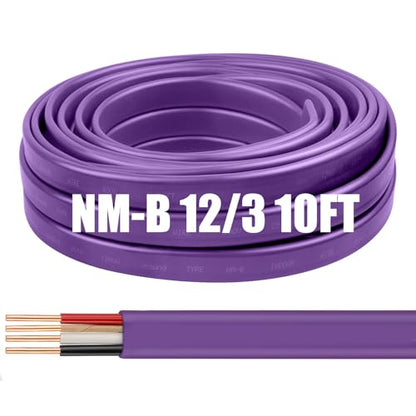 12/3 Wire with Ground - 10FT 12 Gauge NM-B Non-Metallic Sheathed Cable 100% Pure Copper 12 AWG 3 Conductor Residential Indoor Wire for Outlets, Switches, Other Loads and Lighting Wiring Projects etc. - size: 10FT, style: 12AWG/3
