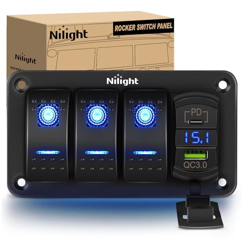 Nilight 3 Gang Rocker Switch Box 12V SPST ON Off PD Type C and QC 3.0 USB Charger Voltmeter Waterproof Aluminum Panel DIY Stickers for Boats Cars RVs Trucks - color: Blue, size: 4 Gang Type C +USB