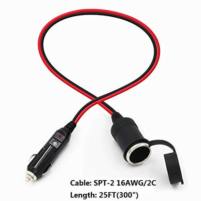 SPARKING 25FT Cigarette Lighter Extension Cord 25FT - Male Plug to Female Socket 16AWG Heavy Duty Extension Cable with LED Lights Power for Tire Pump, Air Compressor (25FT) - size: 25FT