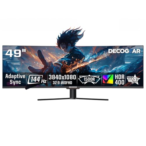 Deco Gear 49 Inch Curved Monitor, 3840x1080 Ultrawide Gaming WDFHD Screen, 144Hz, 32:9, 3ms, 3000:1 VA Display, HDR400, Adaptive Sync, USB-C 65W, HDMI, PIP/PBP, KVM, 1800R, Office & Workstation Setup - size: 49 inch