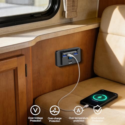84W 4 Port 12V USB Outlet Surface Mount with Voltmeter, 36W PD and Dual 18W QC3.0 Car USB Port Lightweight Charger Socket Replacement Panel with Button Switch for Bus RV Truck Marine Golf Cart - color: 1 pack