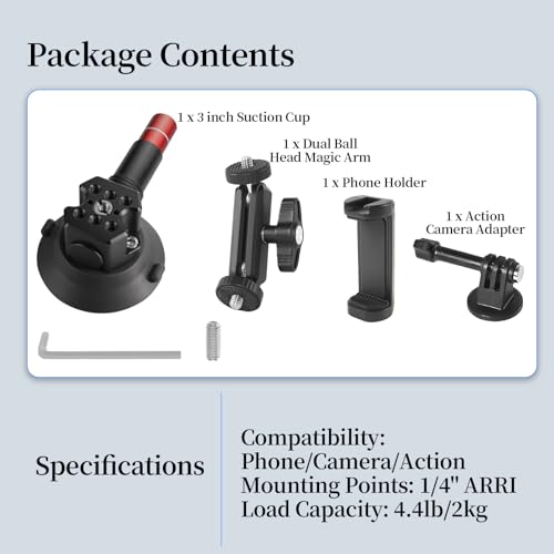 CNC Machined 3in Camera Suction Cup Mount with Adjustable Magic Arm, 1/4" ARRI Holes Quick Release Car Mount with Phone Holder & Action Camera Adapter Compatible with DJI OSMO Pocket 3 Insta360 iPhone - style: 3in