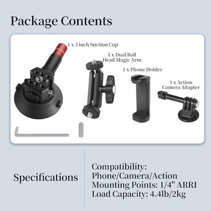 CNC Machined 3in Camera Suction Cup Mount with Adjustable Magic Arm, 1/4" ARRI Holes Quick Release Car Mount with Phone Holder & Action Camera Adapter Compatible with DJI OSMO Pocket 3 Insta360 iPhone - style: 3in