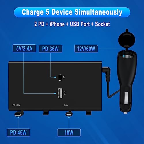 Multi Car Retractable Backseat Car Charger 5 in 1 Car Charging Station Box for iPhone/Samsung, 60W Cigarette Lighter Adapter Uber Taxi Lyft Turo Share Ride Customer Charging Dock Attach to Headrest