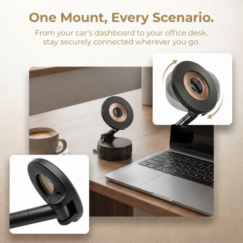 Vacuum Lock Magnetic Car Phone Holder, 5lbf Strong Suction, 360° Adjustable Triple-Axis Phone Stand, Reusable Washable PU Gel Base for iPhone 12-16 Series, Android Smartphones, Black