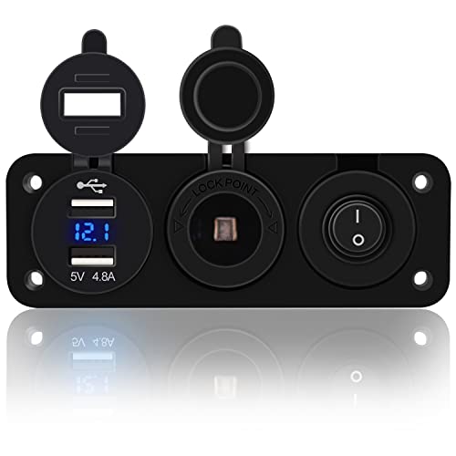 FXC 4 in 1 Marine Switch Panel, 12V 4.8A Dual USB Charger Socket Power Outlet & LED Voltmeter & Cigarette Lighter Socket & LED Lighted ON Off Rocker Toggle Switch for Truck Car Marine Boat RV