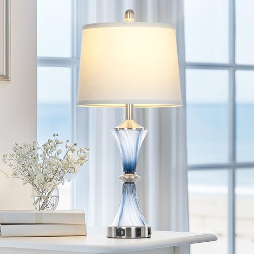 Rinweey Blue Glass Table Lamp with USB C+A Ports & AC Outlet,Coastal Bedside Lamp for Night Stands Bedroom Living Room,Nightstand Lamp LED Bulbs Included,Single Blue - color: Blue-1P