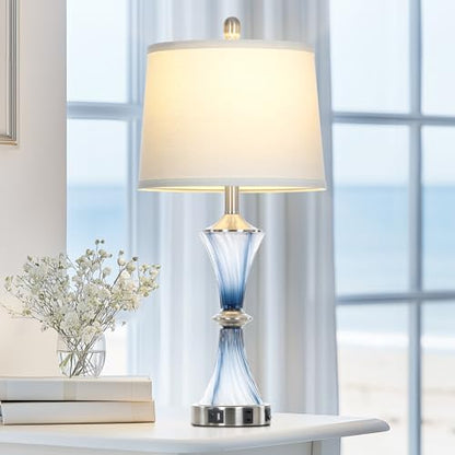 Rinweey Blue Glass Table Lamp with USB C+A Ports & AC Outlet,Coastal Bedside Lamp for Night Stands Bedroom Living Room,Nightstand Lamp LED Bulbs Included,Single Blue - color: Blue-1P