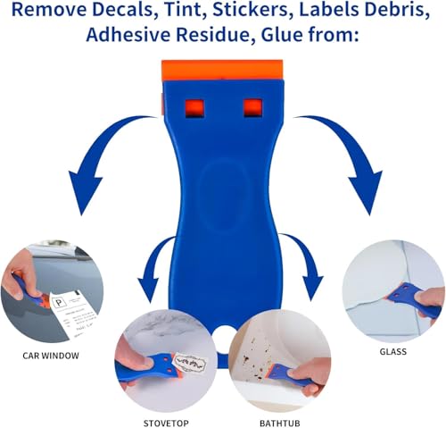 8 PCS Plastic Razor Blade Scraper Tool with 100 PCS Extra Blades, Cleaning Scraper Remover for Stickers Lables Paints Adhesives on Window Glass Car - color: Blue-8pcs
