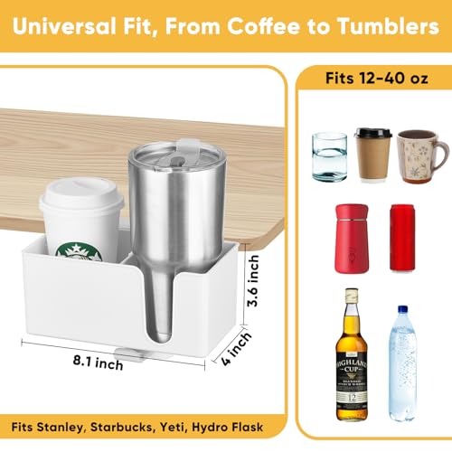4-in-1 Clip On Desk Cup Holder, Fits up to 40oz cups - Mountable Holder with Adjustable Divider & 360° Rotating Hook - No Spill Clamp On Drink Holder Attachment - for Desk Chair Table Bed Tray - White - color: White - 4" W Dual Cup