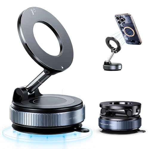 Upgraded Vacuum Magnetic car PhoneHolder, Strongest Suction Cup Phone Holder, 720°Foldable car Holder, Suitable forCars/Mirrors/Smooth Surface, Compatible withiPhone and Android (Black) - color: Black