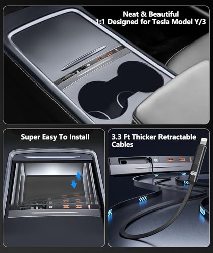 USB Hub for Tesla Model 3/Y, 45W PD Center Console Retractable Fast Charging, Car Docking Station Charger Multi Port for 2021 2022 2023 Tesla Model 3/Y