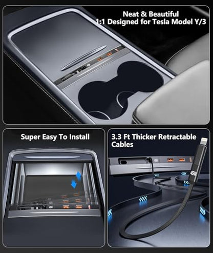 USB Hub for Tesla Model 3/Y, 45W PD Center Console Retractable Fast Charging, Car Docking Station Charger Multi Port for 2021 2022 2023 Tesla Model 3/Y