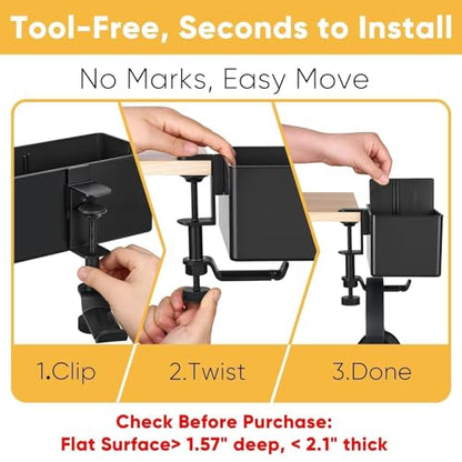 4-in-1 Clip On Desk Cup Holder, Fits up to 40oz cups - Mountable Holder with Adjustable Divider & 360° Rotating Hook - No Spill Clamp On Drink Holder Attachment - for Desk Chair Table Bed Tray - Black - color: Black - 4" W Dual Cup