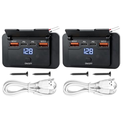 2 Pack 72W 12V USB Outlet Panel Wall Mount Dual PD3.0 & Dual 18W QC3.0 Fast Charging,4 Port Charger Socket Surface Mount with LED Voltmeter and Button Switch for Boat Bus Marine Motorcycle Cart Truck - color: 2Pack