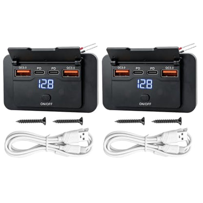 2 Pack 72W 12V USB Outlet Panel Wall Mount Dual PD3.0 & Dual 18W QC3.0 Fast Charging,4 Port Charger Socket Surface Mount with LED Voltmeter and Button Switch for Boat Bus Marine Motorcycle Cart Truck - color: 2Pack
