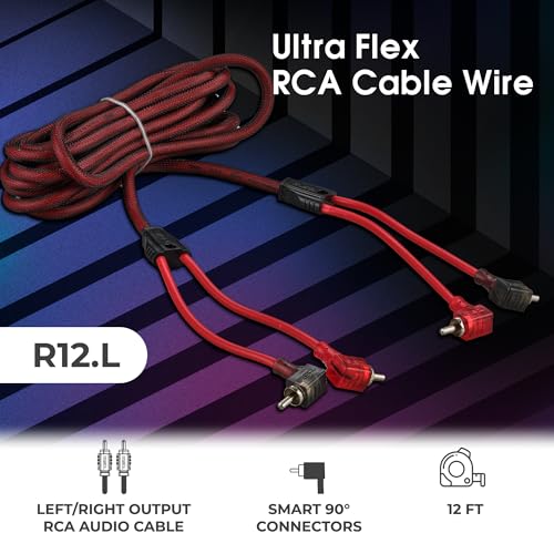 DS18 R12.L 100% Oxygen Free Copper OFC Ultra Flex 2-Channel RCA with 90 Degree Ends - Dual Twist Wire Noise Reducing Audio Cable for Amplifiers, Subwoofers, Speakers - 12 FT