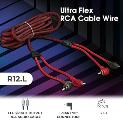 DS18 R12.L 100% Oxygen Free Copper OFC Ultra Flex 2-Channel RCA with 90 Degree Ends - Dual Twist Wire Noise Reducing Audio Cable for Amplifiers, Subwoofers, Speakers - 12 FT