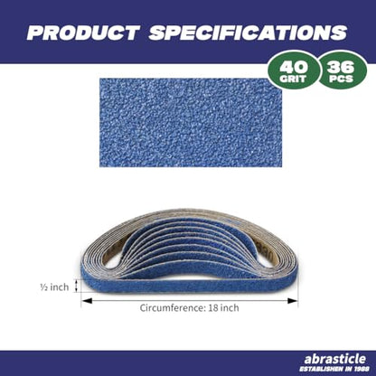 1/2" x 18" Zirconia Sanding Belts for Metal - 1/2 x 18 Inch Zirconia Metal Grinding Sand Paper, 36 PCS 40 Grits, Perfect for Knife Blade Sharpening, Metal Polishing, Derusting, Woodworking - size: 1/2" x 18" 40 Grit(36 pack)