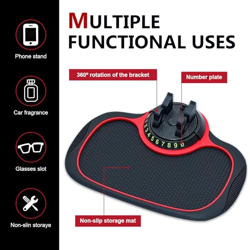 Multifunctional Car Anti-slip Mat, Car Dashboard Anti-slip Pad with Temporary License Plate, 360° Rotatable Dashboard Phone Mount, for Most Cars, Trucks, SUVs (Black & Red)