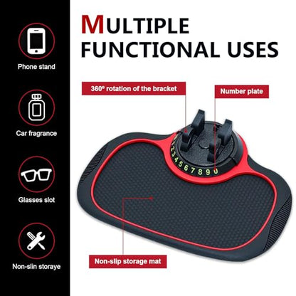 Multifunctional Car Anti-slip Mat, Car Dashboard Anti-slip Pad with Temporary License Plate, 360° Rotatable Dashboard Phone Mount, for Most Cars, Trucks, SUVs (Black & Red)