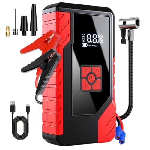 Car Jump Starter with 150PSI Tire Inflator, Portable Car Battery Booster, All-in-One Roadside Emergency Kit with Power Bank & LED Light