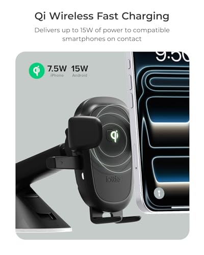 iOttie Easy One Touch Wireless 3 Dash & Windshield Car Mount, 15W Qi Fast Charging Phone Holder, One-Handed Auto Clamp, Adjustable Smartphone Mount for iPhone 17 Pro Max, iPhone 12-17, Samsung, Pixel