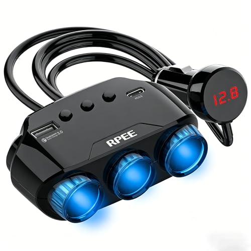 [2026 Upgraded] RPEE Cigarette Lighter Splitter, 12V/24V Cigarette Lighter Adapter with 3 Socket Expander, PD/QC 3.0 Charger, USB-C Fast Charger, Independent Switches, LED Voltage Display