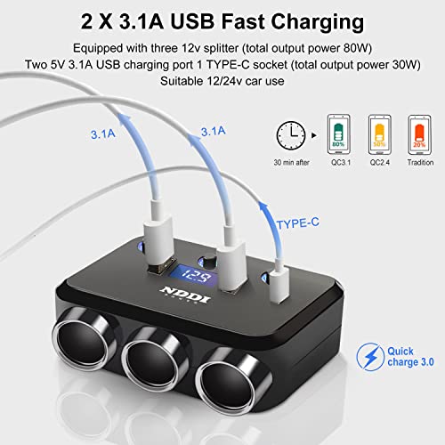 Cigarette Lighter Splitter, 12V/24V 3-Socket Vehicles Adapter - size: 65PD