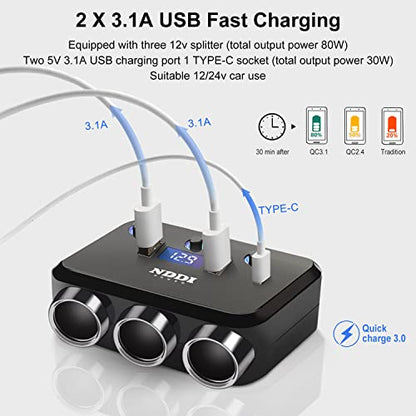 Cigarette Lighter Splitter, 12V/24V 3-Socket Vehicles Adapter - size: 65PD