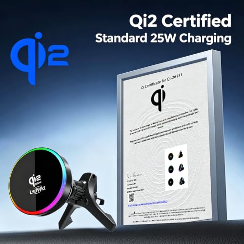 for MagSafe Car Wireless Charger, 25W Qi2 Magnetic Car Vent Mount Charger, Compatible with iPhone Series, Built-in Cooling Fan, RGB Light, Strong Magnet & 360° Rotation Car Phone Holder Charger