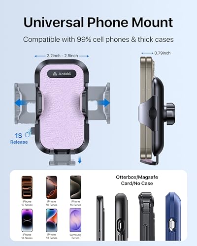 andobil 2026 Upgraded Car Phone Holder Mount, Military-Grade Phone Holders for Your Car Vent Stable Metal Clip Universal 360° Cell Phone Car Mount for iPhone 17 Pro Max 16/15/14/13/12/ Samsung, Purple - color: Purple