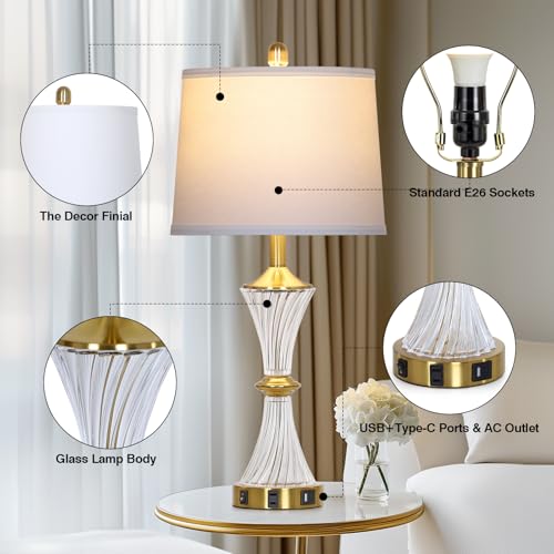 Rinweey Crystal Glass Table Lamp with USB C+A Ports & AC Outlet,Modern Bedroom Lamps,Gold Lamp for Night Stands Bedroom Living Room,Nightstand Lamp LED Bulbs Included,Single Gold - color: Gold-1P