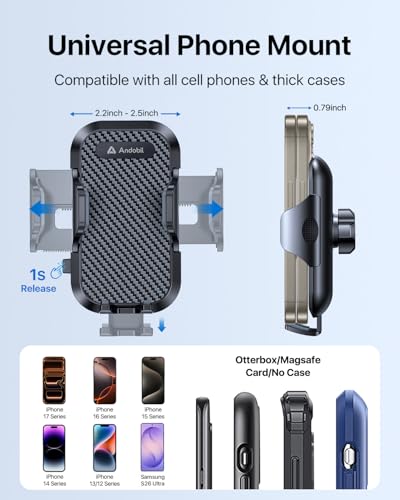 andobil Car Phone Holder, 2026 Military-Grade 89lbs Strongest Suction Phone Holders for Your Car Dashboard/Windshield/Vent Easy Clamp Car Phone Mount Stand for iPhone 17 16 15 14 13 Pro Max Samsung - color: Black