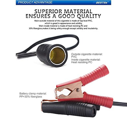 BESTEK 12V 24V Extension Cord Plug Socket with Battery Clamp, 3.9ft/1.2m 16AWG Battery Clip-On Car Cigarette Lighter Adapter