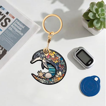 Dolphin Leather Keychain Case Holder,GPS Tacker With Keychain Ring,Stained Glass Style Access Card Scratch-Resistant,Finders Accessories For Pets, Luggage, Wallet, Backpacks - color: Dolphin