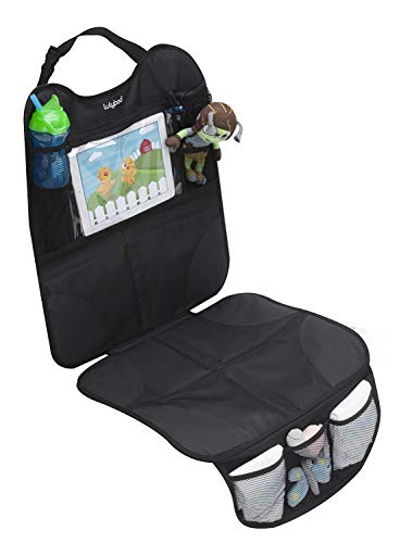 Lulyboo Car Seat Protector & Organizer for Baby & Toddler - Back Seat Storage, Kick Mat with Tablet Holder, Toys & Essentials, Fits All Vehicles, Durable Nylon, Black