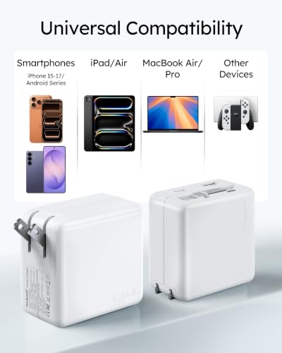 Nekmit USB C Charger Block, 65W 3-Port Wall Charger with Built-in Retractable USB C Cable, PPS Fast Wall Plug for iPhone 17/16/15 Series, iPad, and More